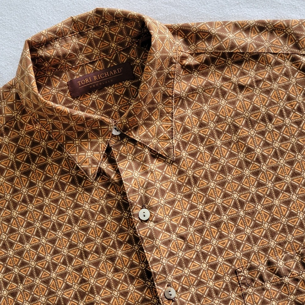 Vintage 90s Tori Richard Shirt Geometric Print Brown Men's L Coastal Aloha Y2K